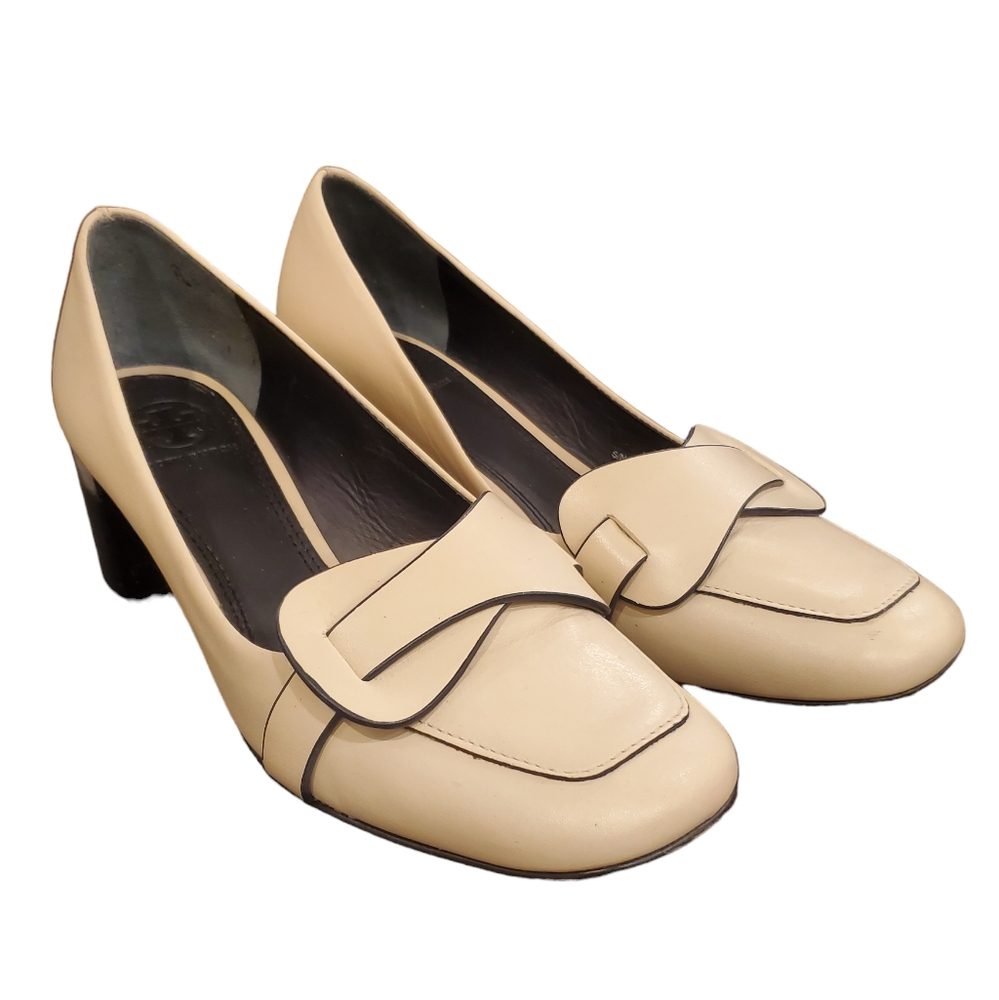 Tory Burch Leather Heeled Loafers, Cream Size 6.5M - Picture 3 of 9